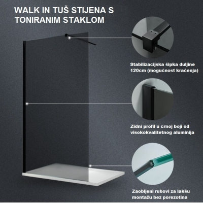 WALK-IN STIJENA ST 100x200cm, CRNI PROFIL, ZATAMNJENO STAKLO 8mm